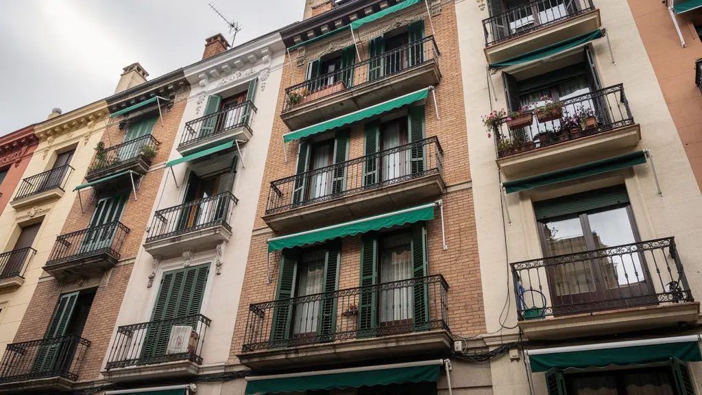 Fachada de edificio residencial típico madrileño con balcones y persianas