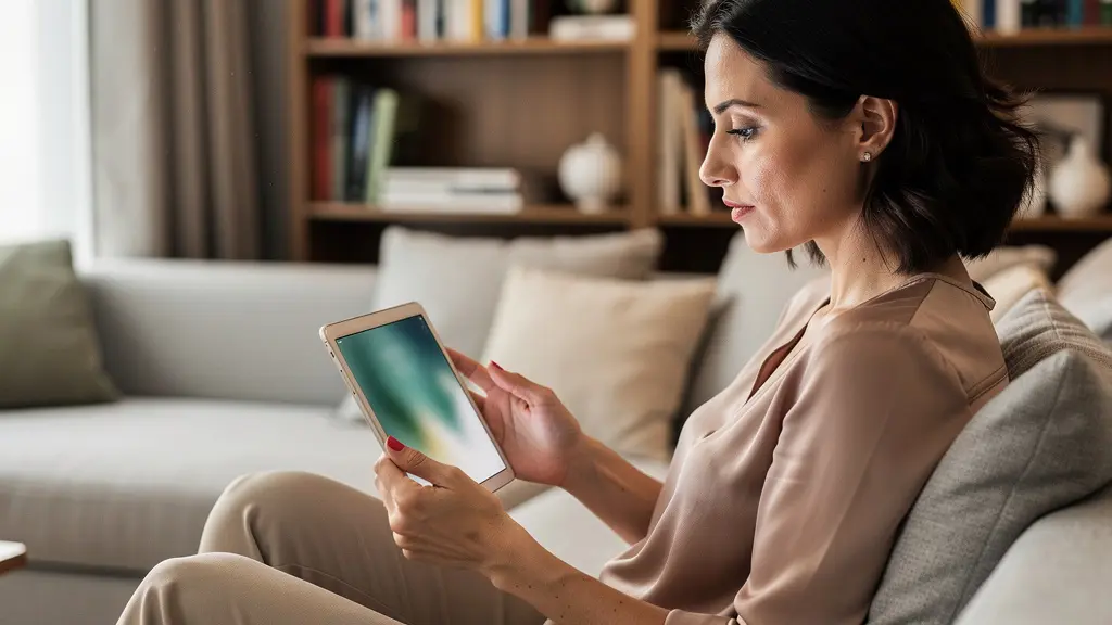 Mujer española consultando tablet en salón moderno mientras analiza información