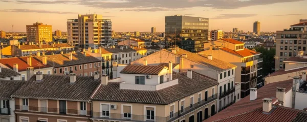 Vista panorámica del skyline de Madrid mostrando edificios residenciales al atardecer