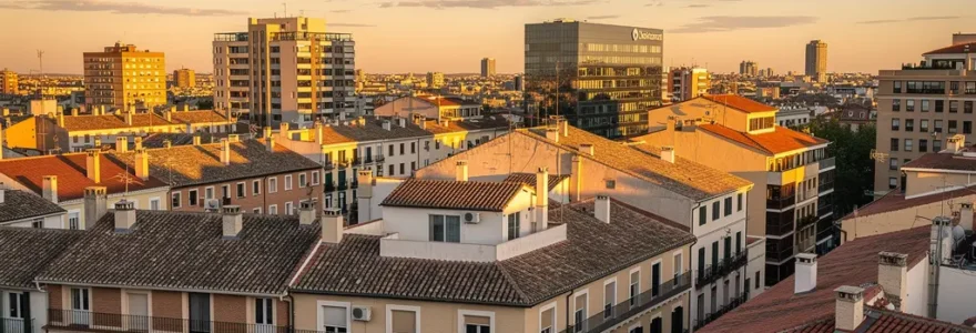 Vista panorámica del skyline de Madrid mostrando edificios residenciales al atardecer