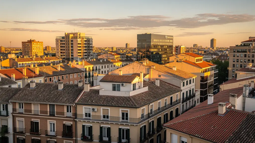 Vista panorámica del skyline de Madrid mostrando edificios residenciales al atardecer
