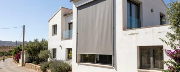 Fachada de vivienda española contemporánea con toldo vertical desplegado mostrando perfiles de guiado laterales bajo luz natural