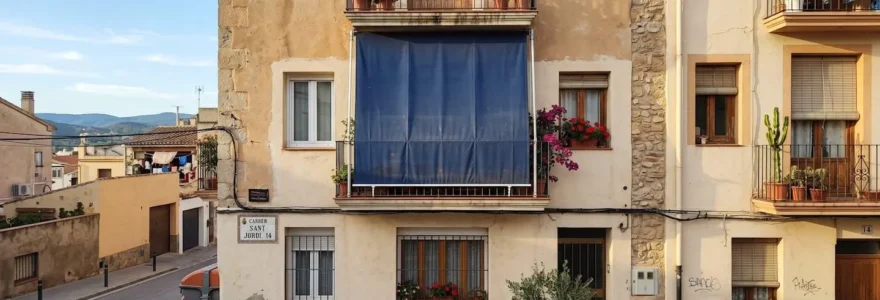 Fachada de vivienda española contemporánea con toldo vertical desplegado mostrando perfiles de guiado laterales bajo luz natural
