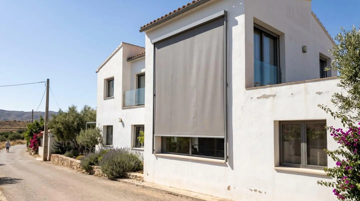 Fachada de vivienda española contemporánea con toldo vertical desplegado mostrando perfiles de guiado laterales bajo luz natural