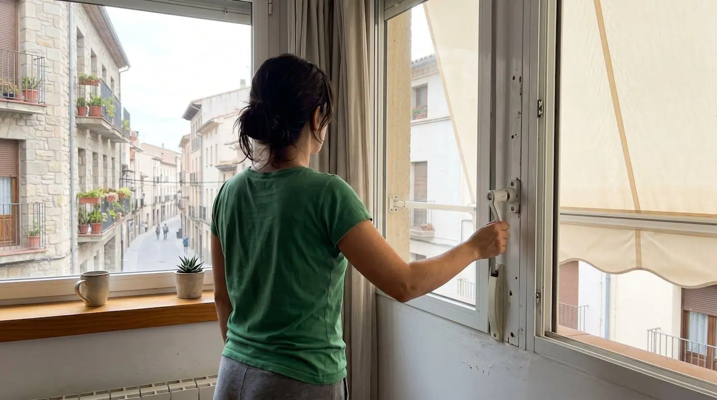Persona vista de espaldas accionando manualmente toldo vertical con guías desde el interior de una vivienda junto a ventana