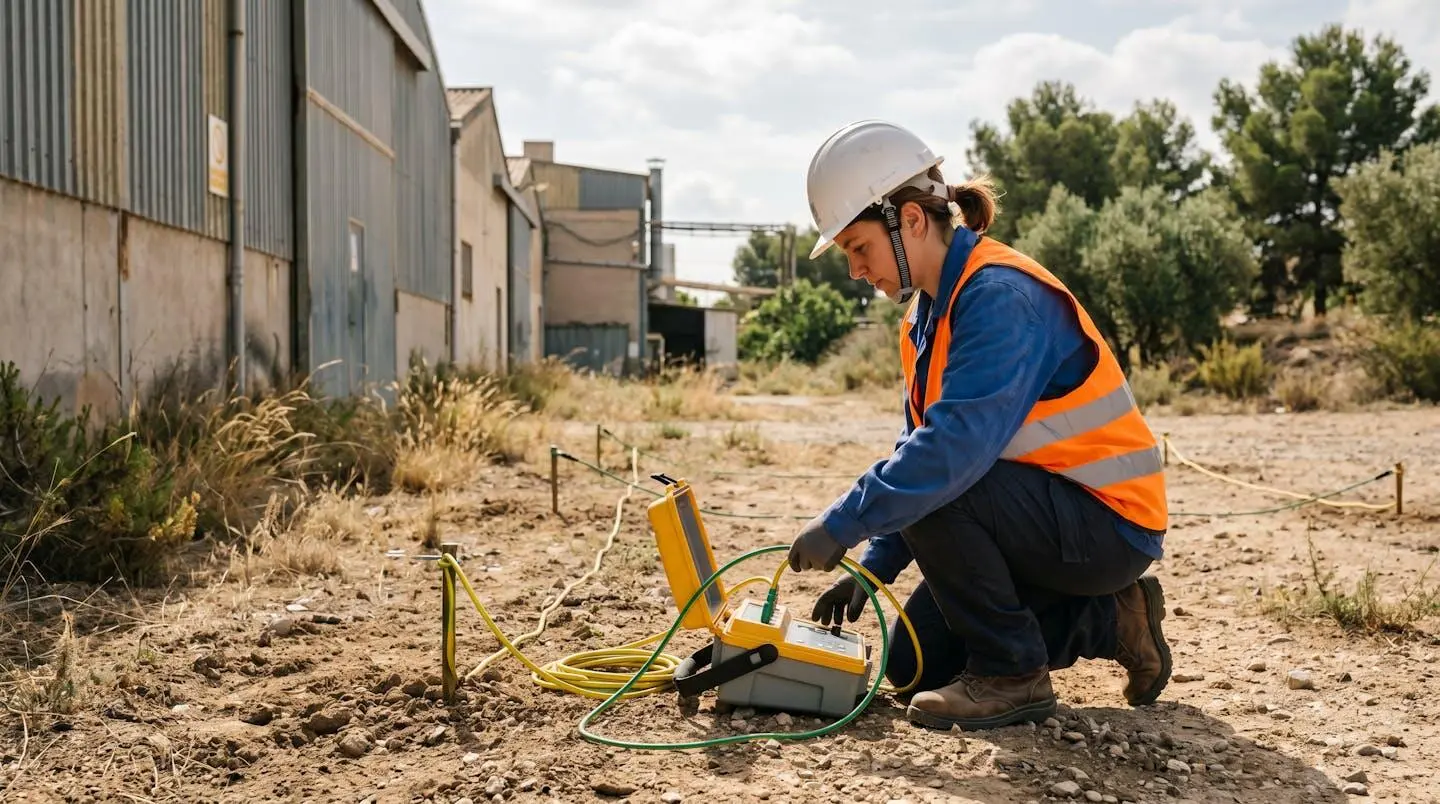 Técnico profesional realizando medición de resistencia de puesta a tierra con telurómetro cerca de una instalación industrial española, bajo luz natural diurna