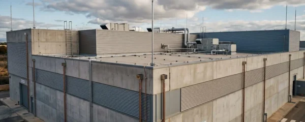 Vista aérea de una instalación industrial moderna con sistema de protección contra rayos visible en el techo, incluyendo pararrayos y conductores de bajante metálicos a lo largo de la fachada, bajo un cielo parcialmente nublado