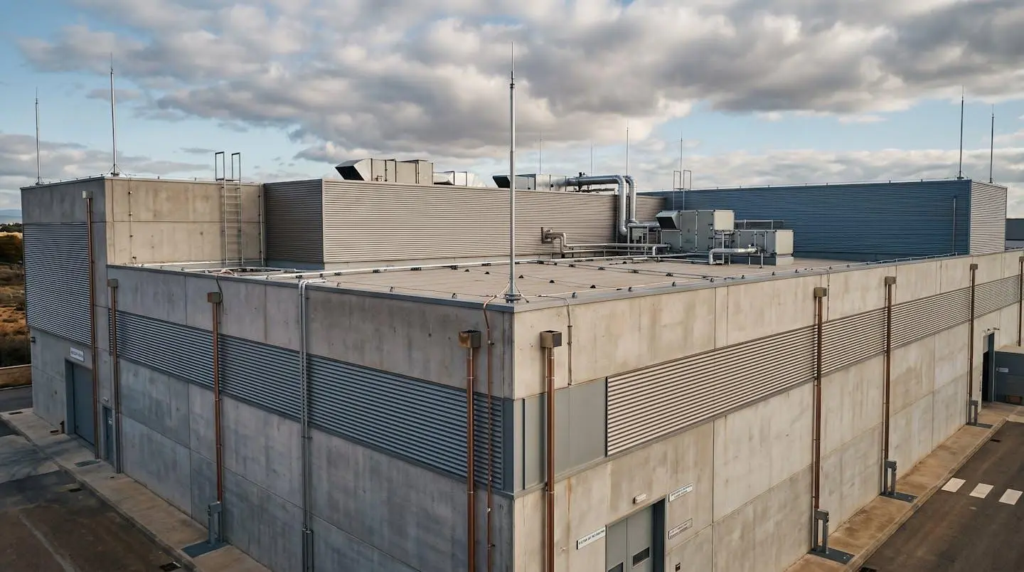 Vista aérea de una instalación industrial moderna con sistema de protección contra rayos visible en el techo, incluyendo pararrayos y conductores de bajante metálicos a lo largo de la fachada, bajo un cielo parcialmente nublado