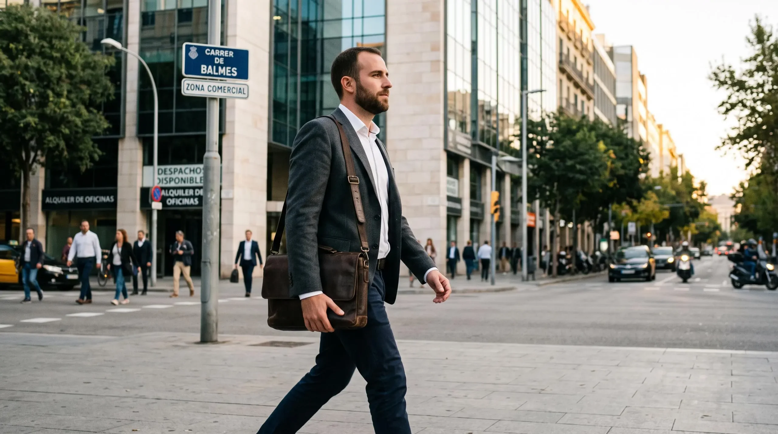 Profesional caminando con determinación en un distrito de negocios de Madrid o Barcelona, maletín en mano, en el contexto de movilidad laboral entre comunidades autónomas