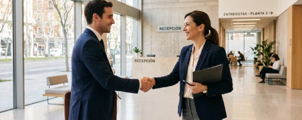 Responsable de recursos humanos acogiendo a un candidato de pie en el hall de entrada de una oficina moderna en España, gesto de bienvenida profesional en un entorno luminoso contemporáneo