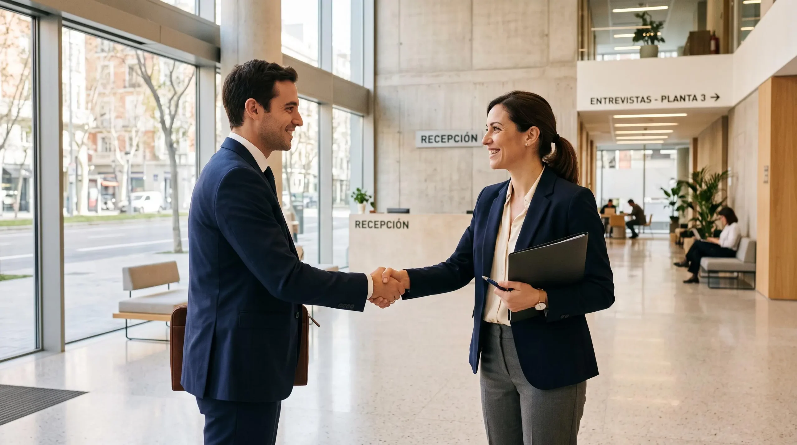 Responsable de recursos humanos acogiendo a un candidato de pie en el hall de entrada de una oficina moderna en España, gesto de bienvenida profesional en un entorno luminoso contemporáneo